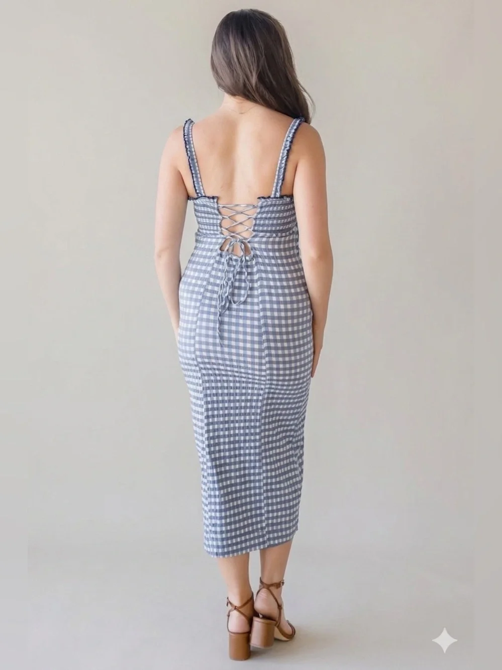 Free People Lucinda Gingham Midi Dress Size Large Blue Check Cottage Coastal NWT - Picture 2 of 14